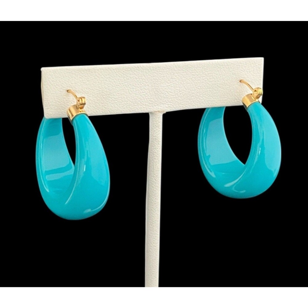 Vintage 1980s Turquoise Lucite Hoop Earrings Gold Plated Leverback - 8A